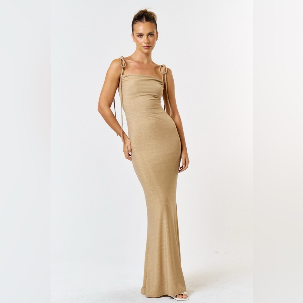 Blue blush glitter shoulder tie open back mermaid maxi dress